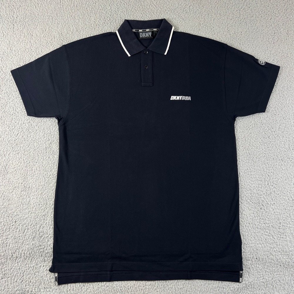 DKNY Polo Shirt Men M Navy Blue Short Sleeve Cotton Tipped Collar Logo USA VTG